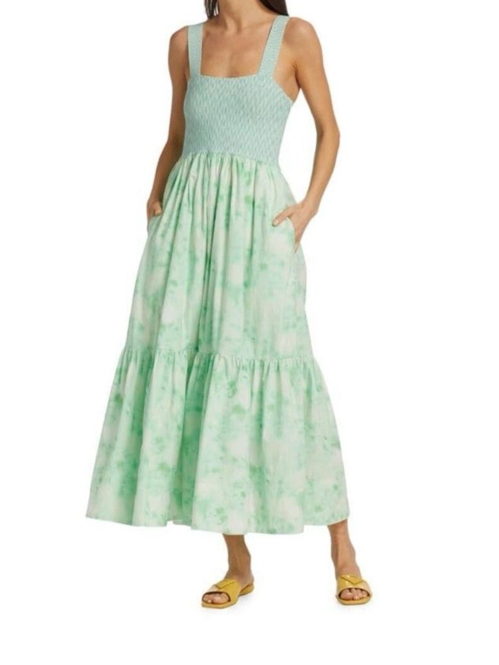 Tanya Taylor Mint Green Tie-Dye Smocked Midi Dress